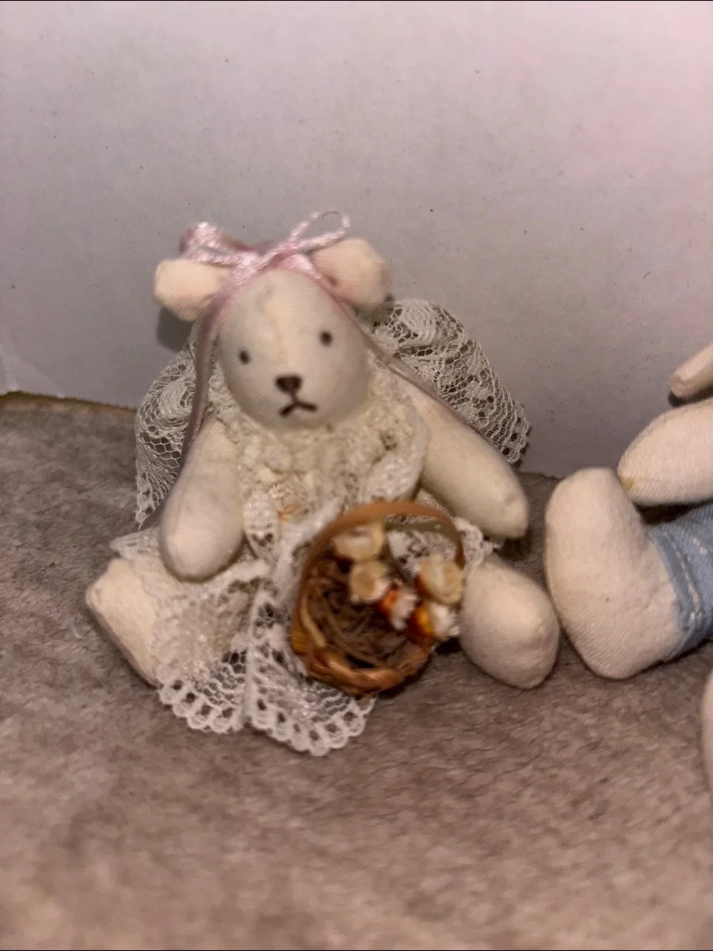 Vintage Tiny Cream Fabric Bunny and Bear cottage core  Overalls basket flowers